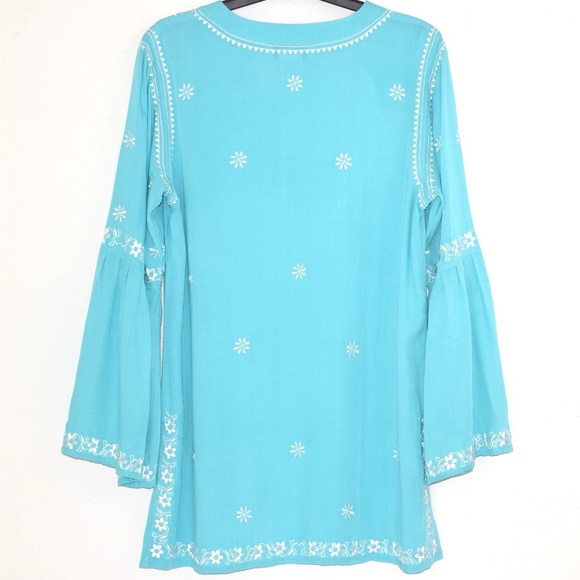 😎 Snappy Turtle Tunic S Embroidered Horseshoe Neckline Bell Sleeve Blue Blouse - Picture 5 of 7